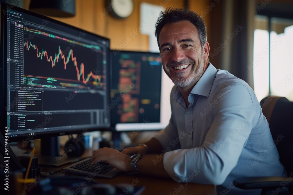 Portrait of a smiling mature middle-aged business man crypto trader sitting at his desk with a computer displaying a stock market chart in his office. Portrait of a smiling mature middle-aged business man crypto trader sitting at his desk with a computer displaying a stock market chart in his office.