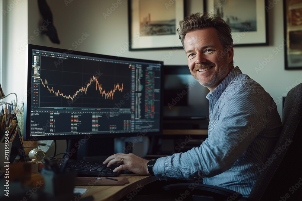 Portrait of a smiling mature middle-aged business man crypto trader sitting at his desk with a computer displaying a stock market chart in his office. Portrait of a smiling mature middle-aged business man crypto trader sitting at his desk with a computer displaying a stock market chart in his office.