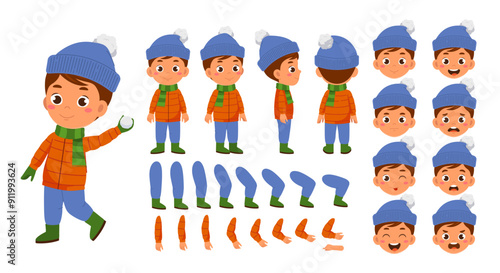 Winter boy constructor. Happy child throws snowball. Pack of legs, hands and faces for creating animation. Winter snowy activities. Flat vector collection