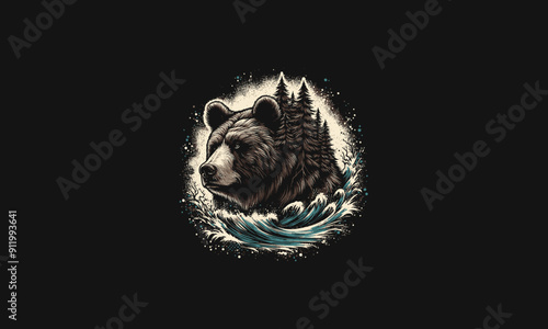 head grizzly combine with tree splash background vector artwork design