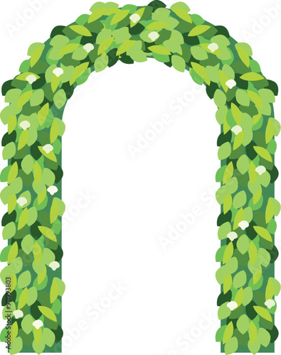 Wedding arch decorated with green leaves and white flowers for a romantic outdoor ceremony