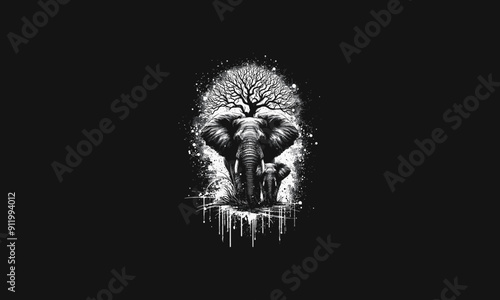 elephants combine with big tree vector artwork design