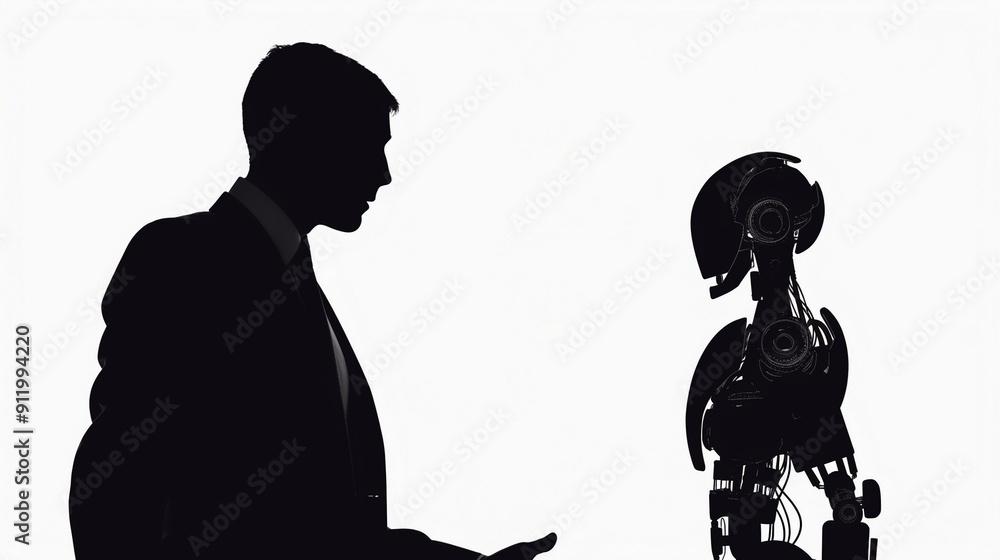 ロボットと話しているビジネスマンのシルエット16 ロボットと話しているビジネスマンのシルエット16
