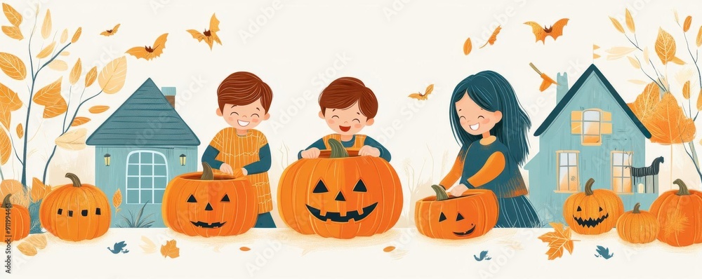Fototapeta premium Illustration of three cheerful children carving pumpkins outdoors, surrounded by autumn leaves and Halloween decorations, creating a festive holiday atmosphere.
