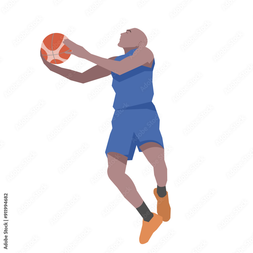 Flat design concept with sportsman playing basketball. Vector illustration isolated on white background