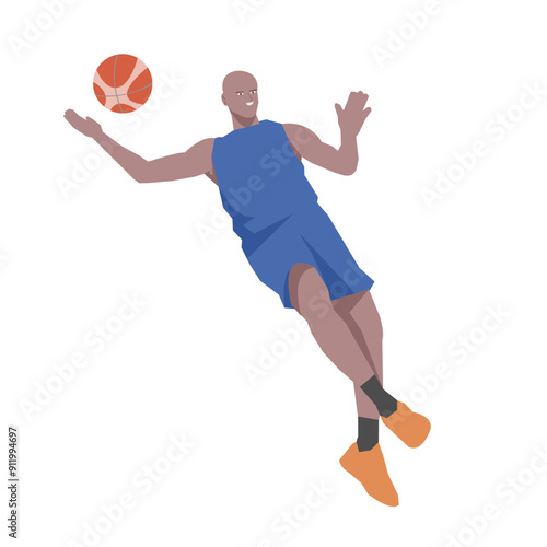 Flat design concept with sportsman playing basketball. Vector illustration isolated on white background