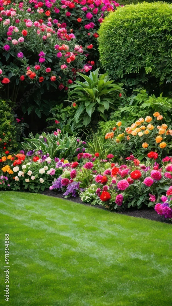 Fototapeta premium A lush garden filled with a variety of flowers and plants. The garden appears to be well maintained.
