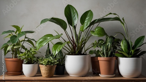 Air-Purifying Houseplants. Illustrating a variety of houseplants known for their air-purifying qualities, showcasing their leaves, growth habits, and the benefits they bring to indoor environments. photo