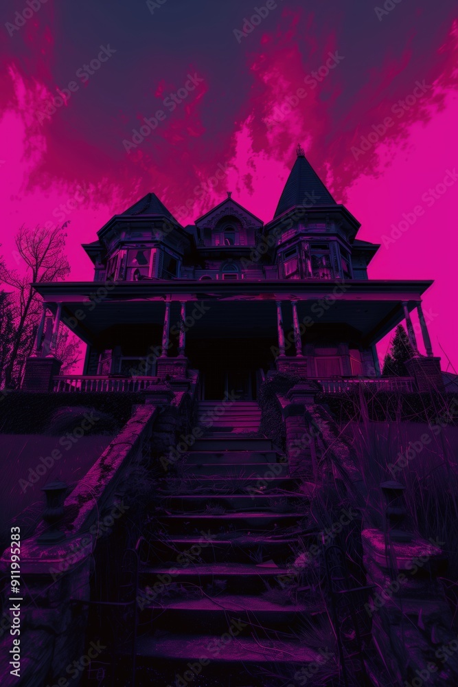 Obraz premium Spooky Victorian mansion stands under a dramatic magenta sky at night with stone stairs leading to the entrance.