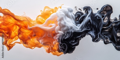 A dramatic combination of orange flames and black smoke swirling together against a white background
