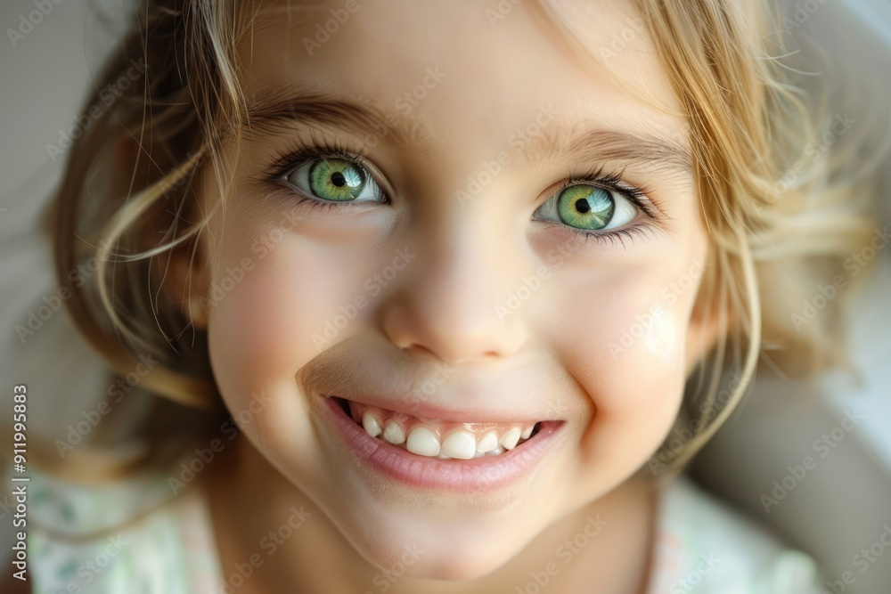 Happy smiling little girl with green eyes and blonde hair. Cute child with beautiful face looking into camera close-up portrait Happy smiling little girl with green eyes and blonde hair. Cute child with beautiful face looking into camera close-up portrait