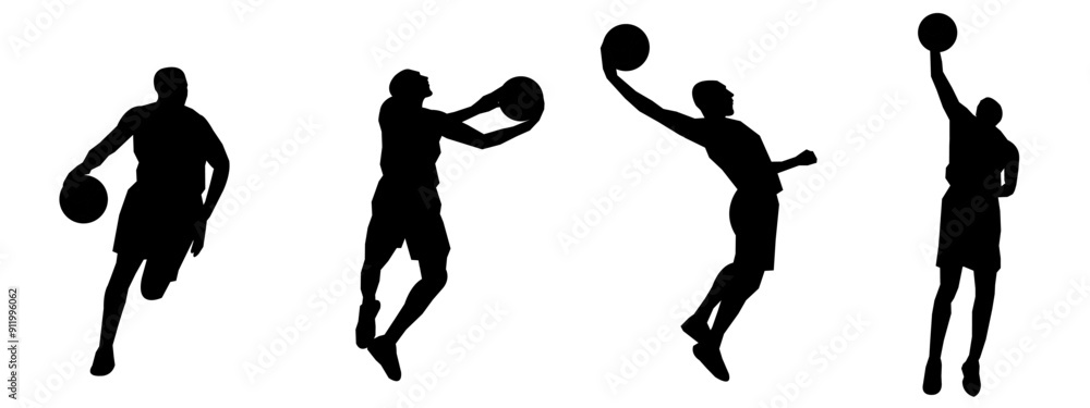 set of silhouettes of basketball players with different poses, gestures. isolated on white background. vector illustration. set of silhouettes of basketball players with different poses, gestures. isolated on white background. vector illustration.