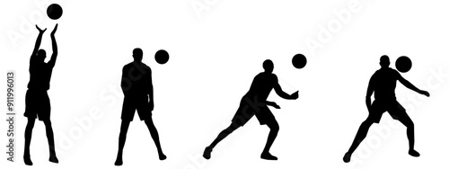 set of silhouettes of basketball players with different poses, gestures. isolated on white background. vector illustration.