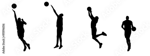 set of silhouettes of basketball players with different poses, gestures. isolated on white background. vector illustration.
