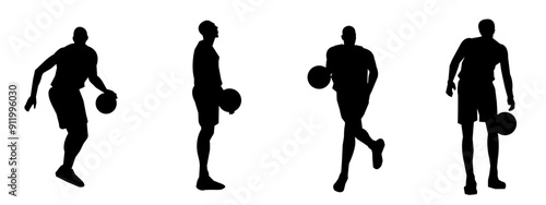 set of silhouettes of basketball players with different poses, gestures. isolated on white background. vector illustration.