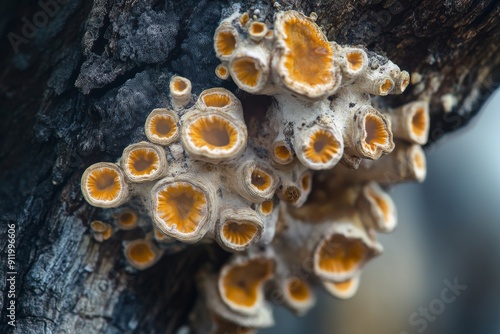 Close-up of an alien lichen with symbiotic relationships, growing on an alien tree bark. High-resolution, detailed textures, crisp focus photo