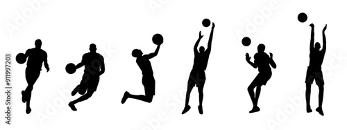 set of silhouettes of basketball players with different poses, gestures. isolated on white background. vector illustration.