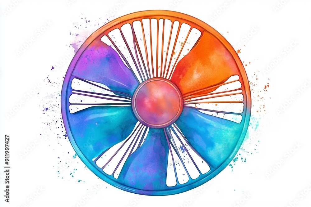 Watercolor 3D Illustration of a Retro-Style Fan with Metallic Blades Watercolor 3D Illustration of a Retro-Style Fan with Metallic Blades