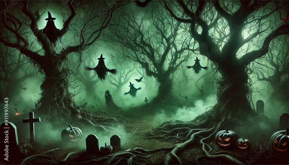 Spooky Haunted Forest on a Foggy Halloween Night with Floating Ghosts ...