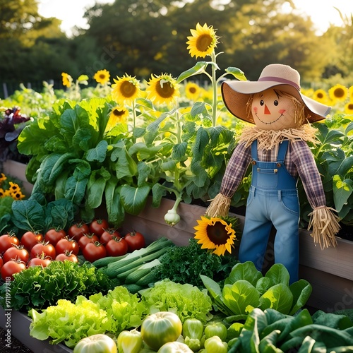 vegetable garden with seasonal crops and a scarecrow