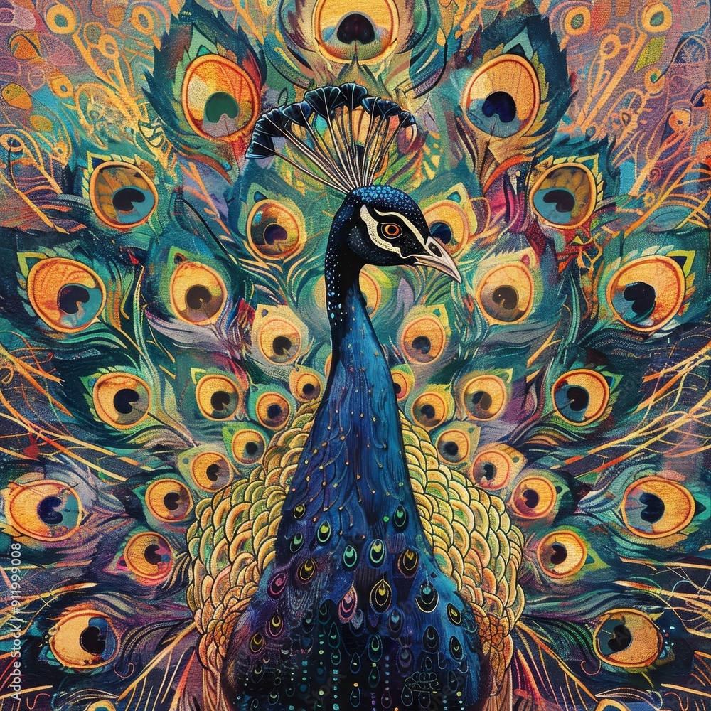 Fototapeta premium Vibrant peacock displaying its stunning feathers in a colorful, artistic representation, symbolizing beauty and grace.