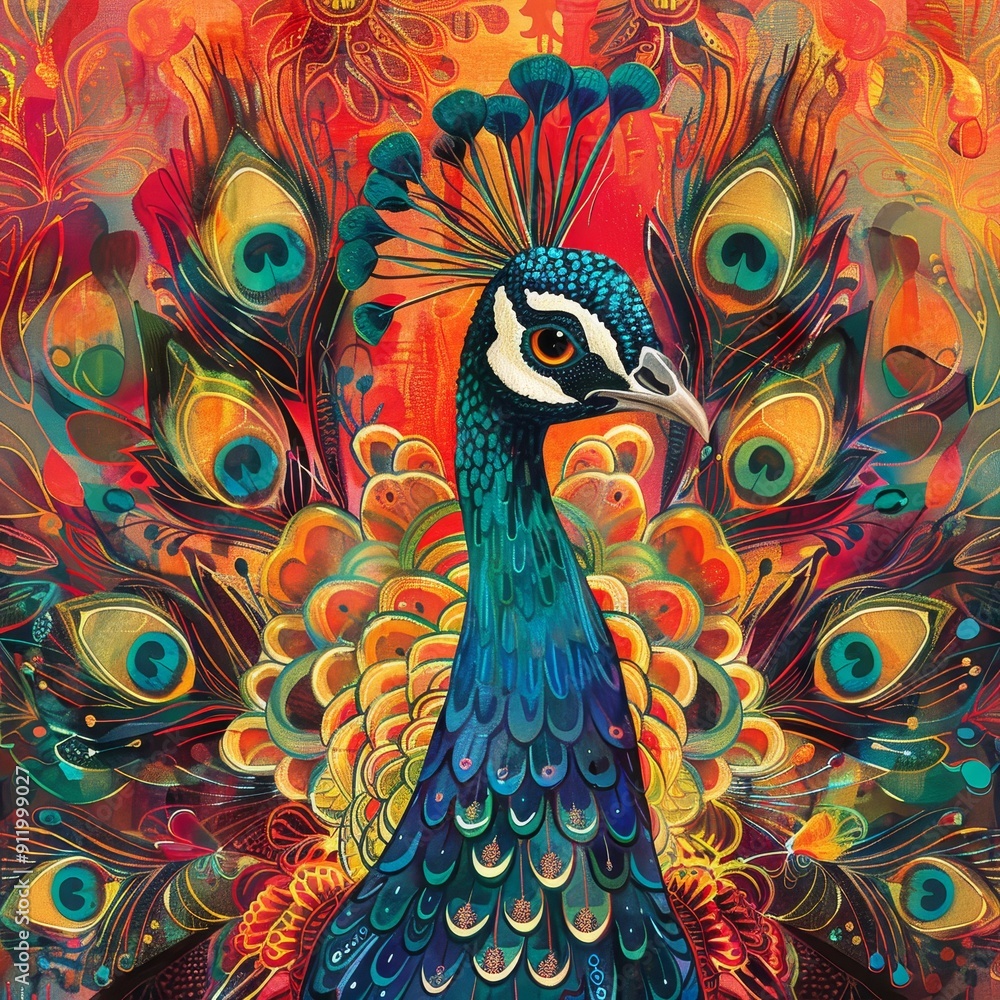 Fototapeta premium Vibrant peacock illustration with detailed feathers and colorful background, symbolizing beauty and nature.