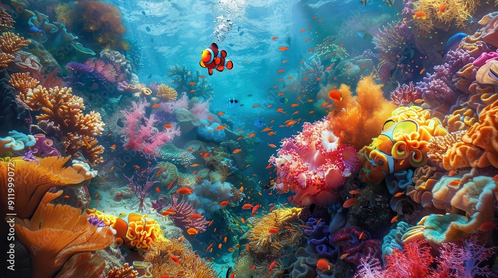 Obraz premium Vibrant underwater scene featuring coral reefs and colorful fish in a serene ocean environment.