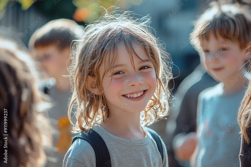 Happy Child with Backpack Surrounded by Friends Outdoors on a Sunny Day Happy Child with Backpack Surrounded by Friends Outdoors on a Sunny Day