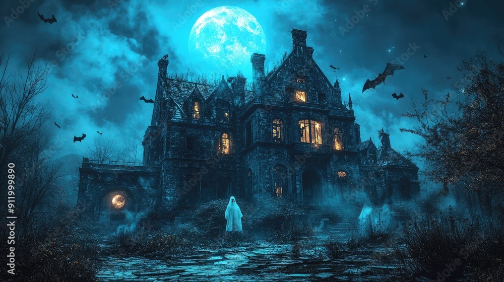 Haunted Mansion Under Full Moon with Ghosts and Bats Haunted Mansion Under Full Moon with Ghosts and Bats