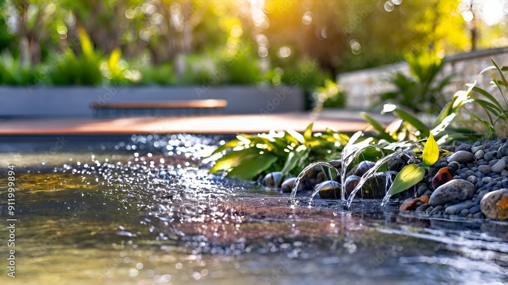 Fototapeta premium Water feature fountain waterfall as wide banner with copy space area for garden landscape design concepts. Ai generative