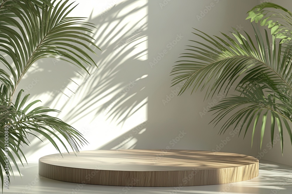 Fototapeta premium 3D platform with palm fronds for product exhibition