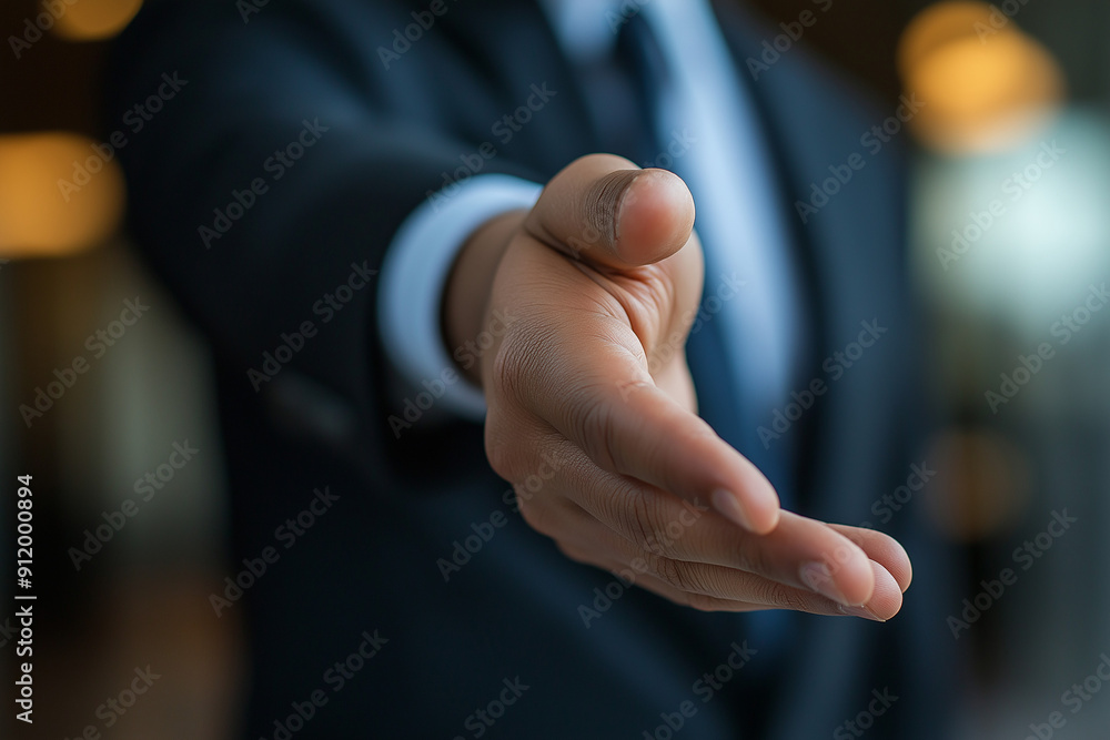 Fototapeta premium Attractive businessman in formal suit extending hand for handshake, greeting offering welcoming concept.
