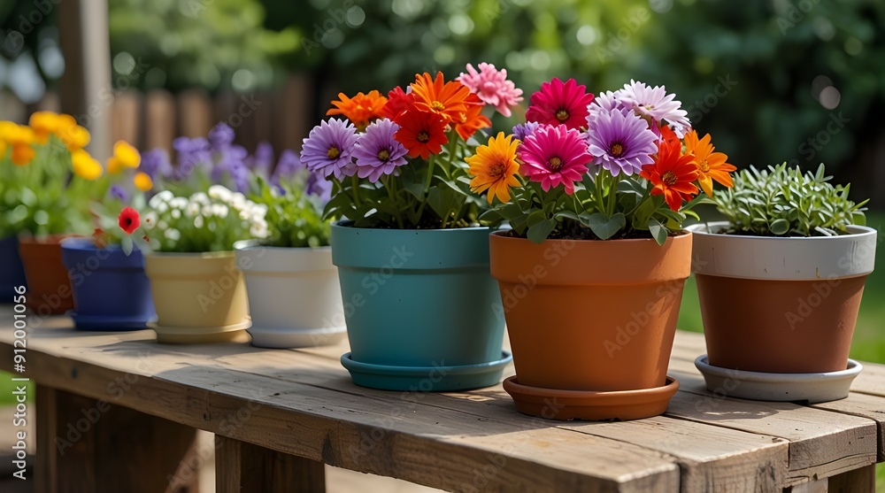 Colorful flowers in pots on wooden table in garden for sale in spring summer season.generative.ai Colorful flowers in pots on wooden table in garden for sale in spring summer season.generative.ai
