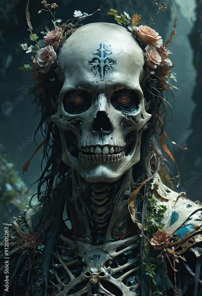 The art of death, flowers bloom on the body of a skeleton, Generative AI The art of death, flowers bloom on the body of a skeleton, Generative AI