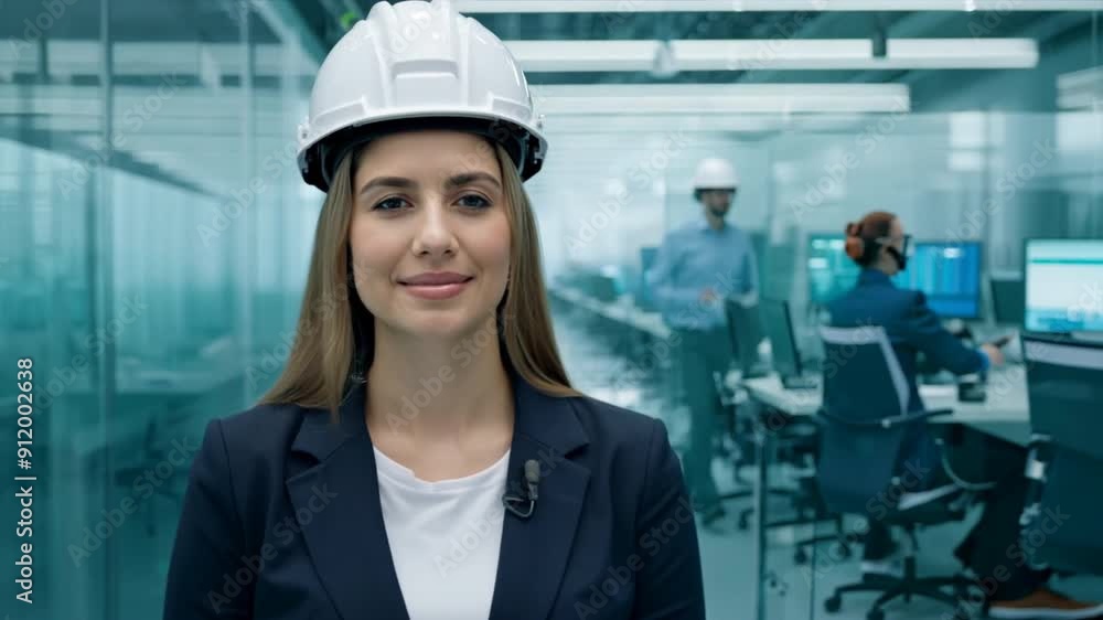 Portrait of a smiling female architect wearing a suit and hardhat, Portrait of a smiling female architect wearing a suit and hardhat,
