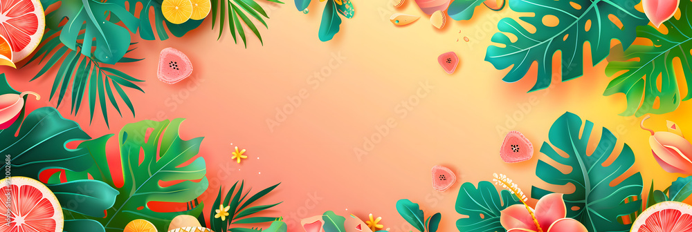 Summer yellow banner, yellow flower and leaf, yellow flip flops, banner design on yellow background Summer yellow banner, yellow flower and leaf, yellow flip flops, banner design on yellow background