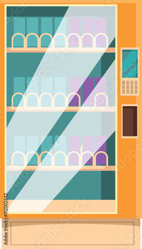 Vending machine full of snacks displaying on shelves behind glass door with payment system