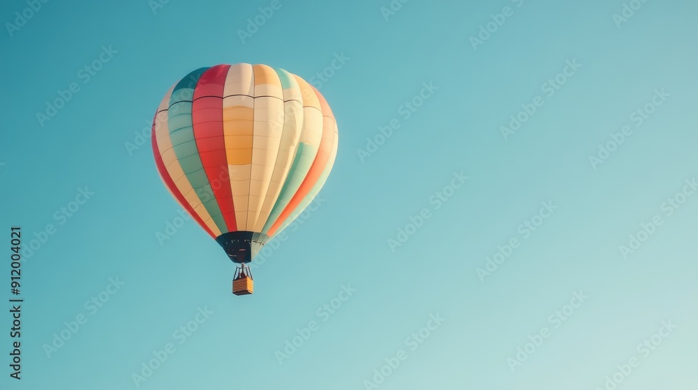 Naklejka premium Colorful Hot Air Balloon Ascending Against a Blue Sky