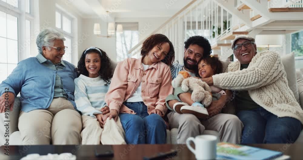 Family, face and grandparents in home for love, bonding and generations for conversation on sofa. Parents, children and laughing in lounge for granny or grandpa, portrait and support in relationship