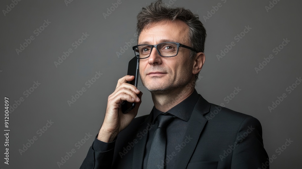 Successful and pleasant adult employee, businessman, corporate lawyer, he is wearing a classic formal black suit, talking on a mobile phone with generative ai Successful and pleasant adult employee, businessman, corporate lawyer, he is wearing a classic formal black suit, talking on a mobile phone with generative ai