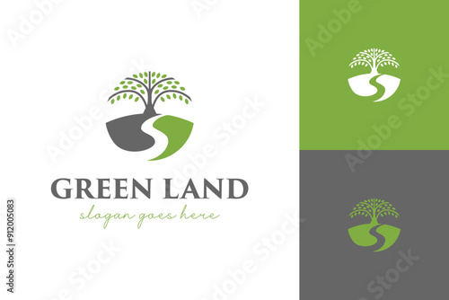 big tree in the field logo design with creek graphic shape for gardening, park, farm, village view vector illustration symbol
