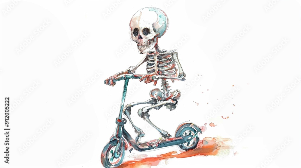Fototapeta premium Skeleton with a bicycle,Clipart, watercolor illustration, Perfect for nursery art The style is hand drawn, white background