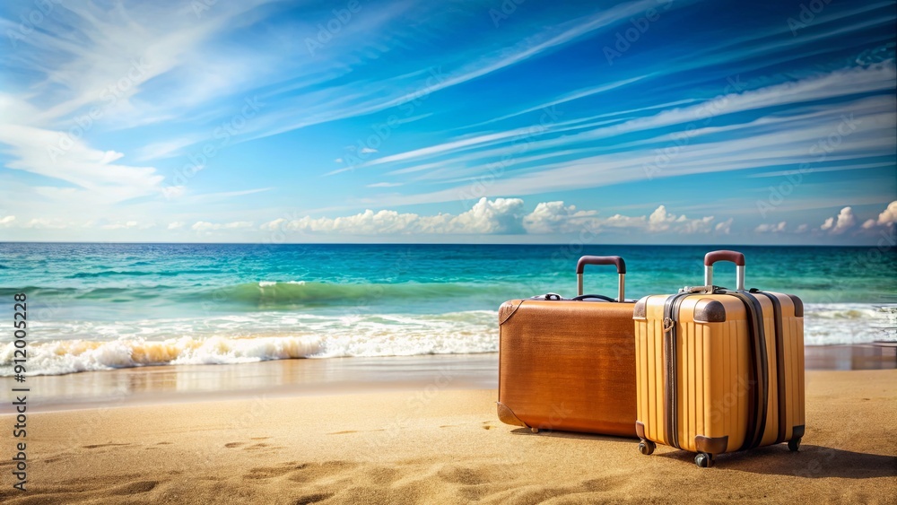 View of seacoast with modern suitcases on sandbeach, summer travel vacation concept, seacoast, suitcases, sandbeach, summer, travel View of seacoast with modern suitcases on sandbeach, summer travel vacation concept, seacoast, suitcases, sandbeach, summer, travel