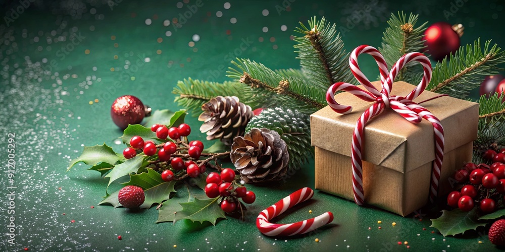 Festive Christmas decorations and gift box on dark green background with holly berries, pine cones Festive Christmas decorations and gift box on dark green background with holly berries, pine cones