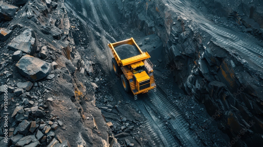 Aerial View of a Large Yellow Mining Dump Truck in an Open-Pit Mine with Rocky Terrain Aerial View of a Large Yellow Mining Dump Truck in an Open-Pit Mine with Rocky Terrain