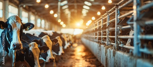 Modern Dairy Farm with Cows in a Barn at Sunset, Illuminated by Warm Lighting, Showcasing Agricultural Livestock and Farming Practices