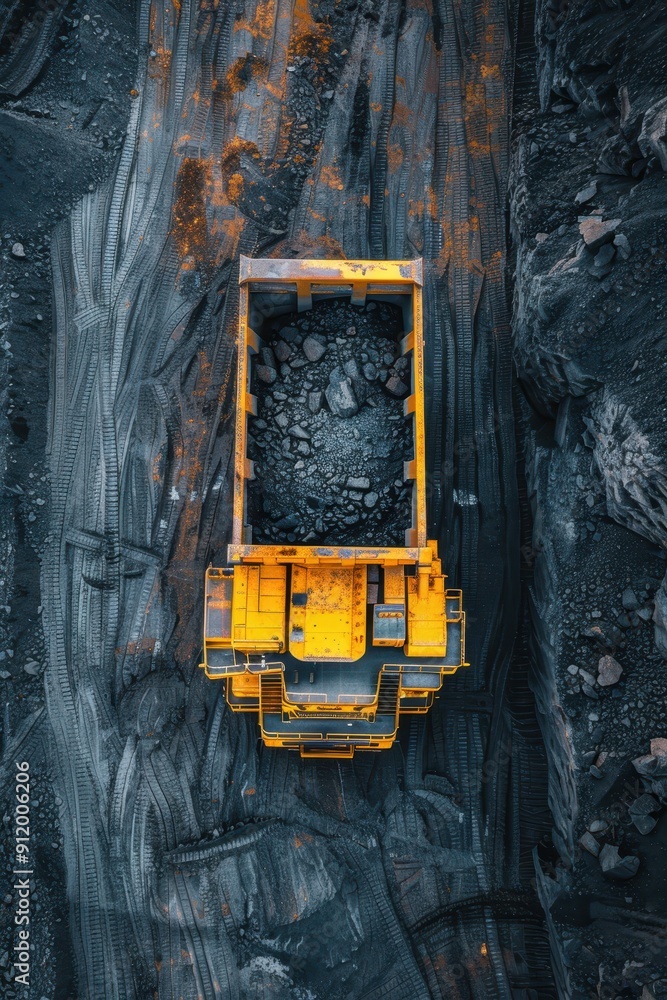Aerial View of Heavy Mining Machinery in an Open-Pit Mine with Tracks and Rocks Aerial View of Heavy Mining Machinery in an Open-Pit Mine with Tracks and Rocks