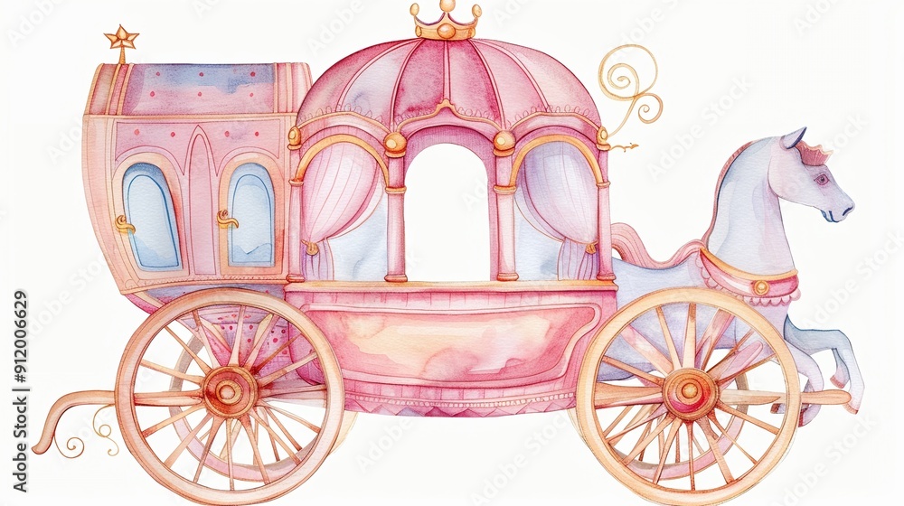 Princess riding a royal carriage,Clipart, watercolor illustration, Perfect for nursery art The style is hand drawn, white background Princess riding a royal carriage,Clipart, watercolor illustration, Perfect for nursery art The style is hand drawn, white background