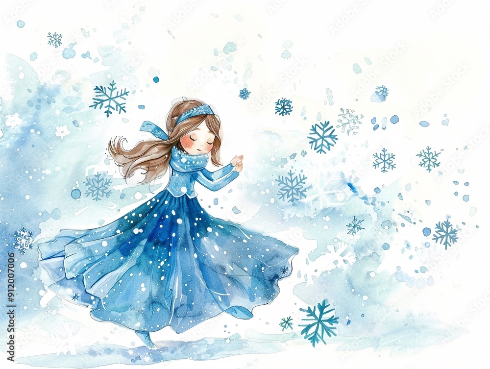 Fototapeta premium Princess in a winter wonderland,Clipart, watercolor illustration, Perfect for nursery art The style is hand drawn, white background