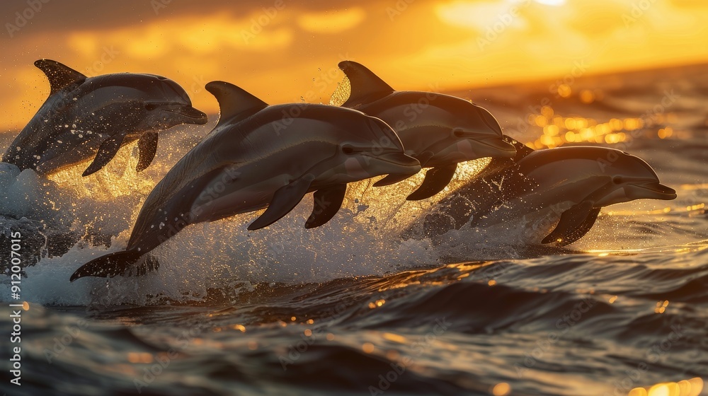 Obraz premium Dolphins leap gracefully above the shimmering ocean surface during a stunning sunset, showcasing their natural beauty and playful spirit.